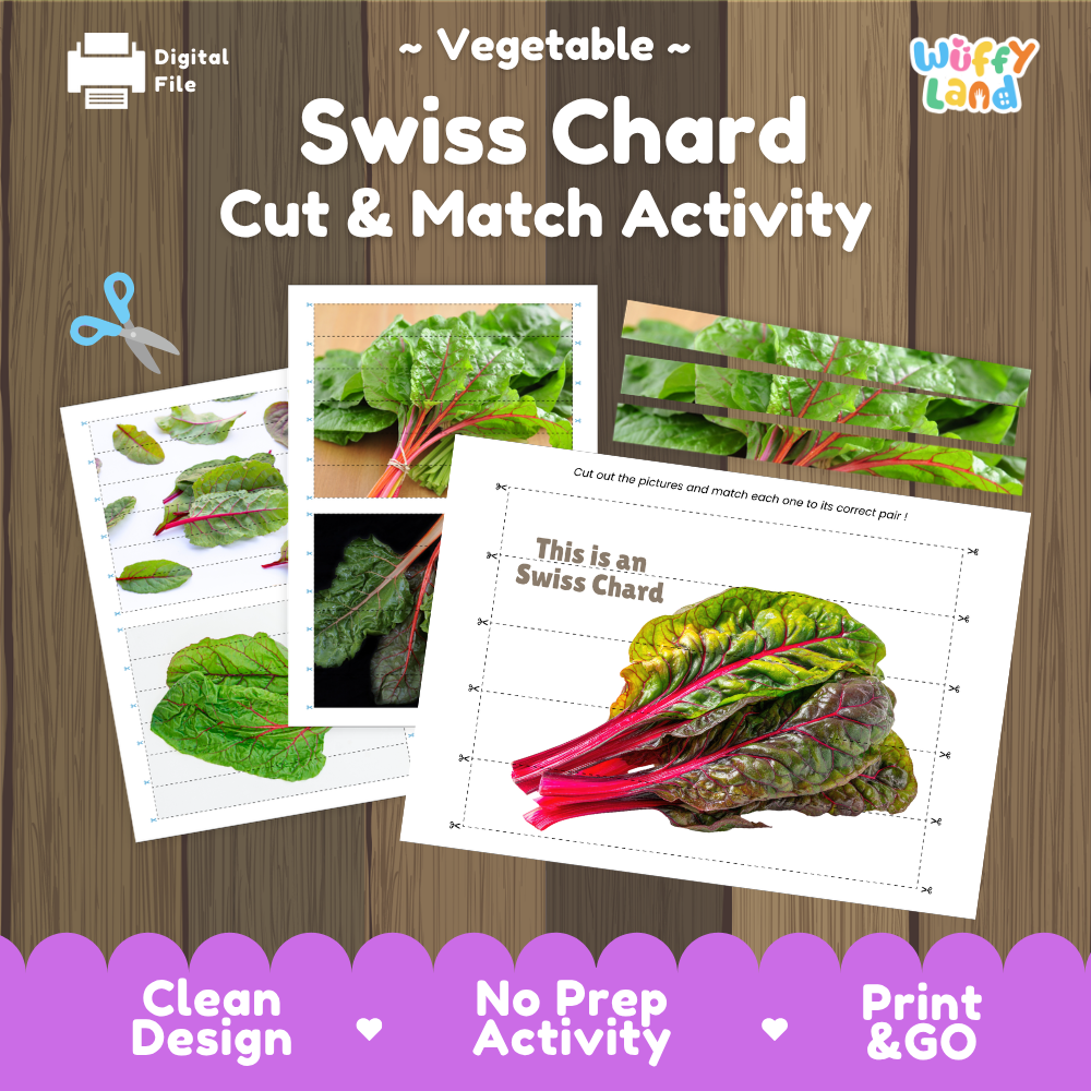 Swiss chard cut and match activity cover showing printable fine motor puzzle sheets and vegetable photographs