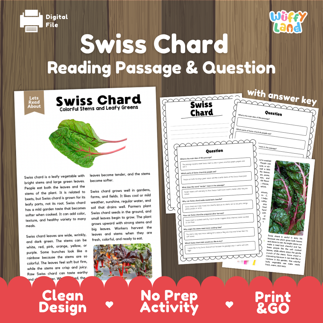 Swiss chard reading comprehension passage and questions printable activity pack with answer key for elementary students