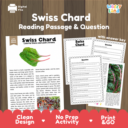 Swiss chard reading comprehension passage and questions printable activity pack with answer key for elementary students