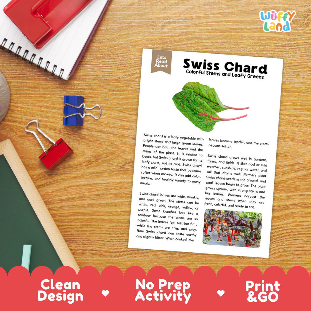 Student reading comprehension worksheet with short-answer questions and lined sections about Swiss chard vegetables