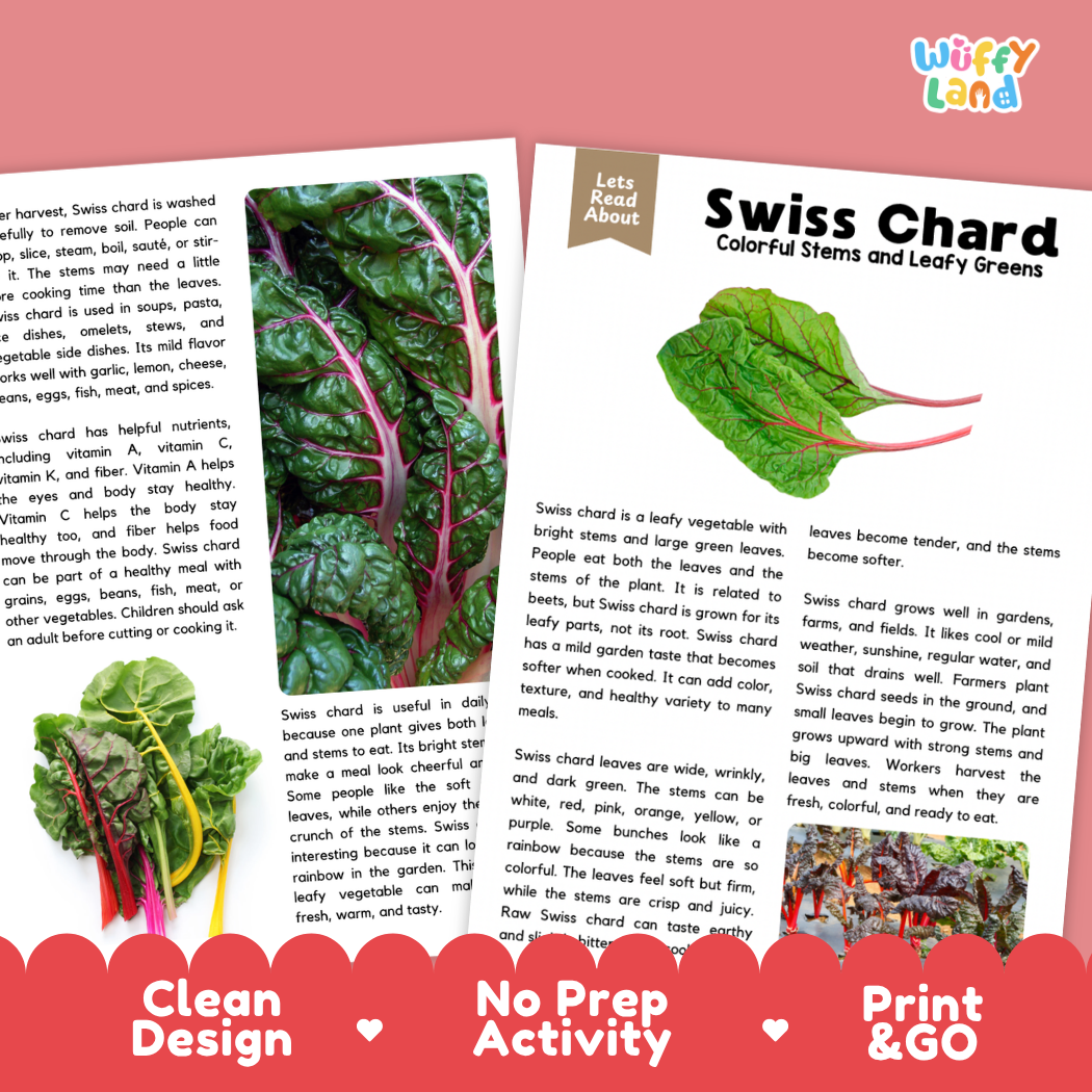 Teacher answer key page showing complete question solutions for Swiss chard reading comprehension practice