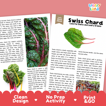 Teacher answer key page showing complete question solutions for Swiss chard reading comprehension practice