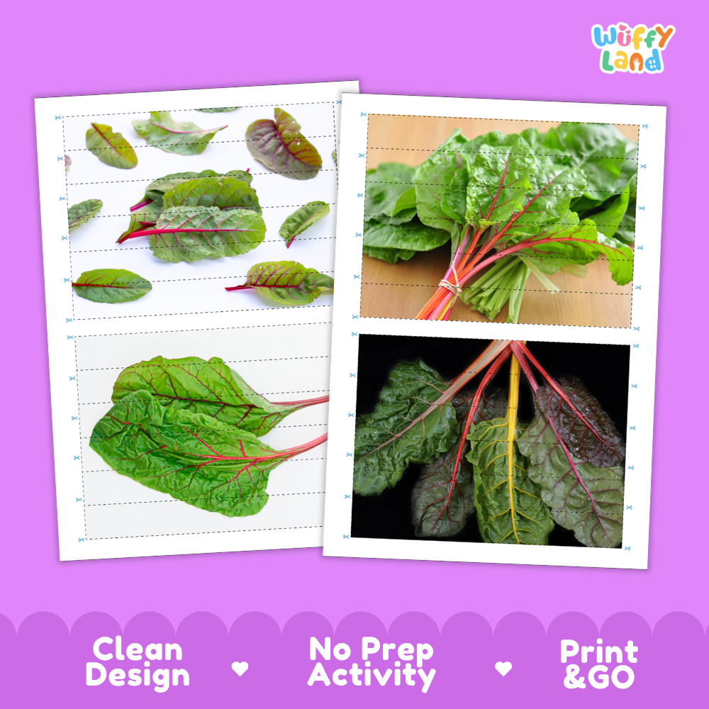 Printable activity sheets featuring photographic Swiss chard puzzle boards and cutting guides