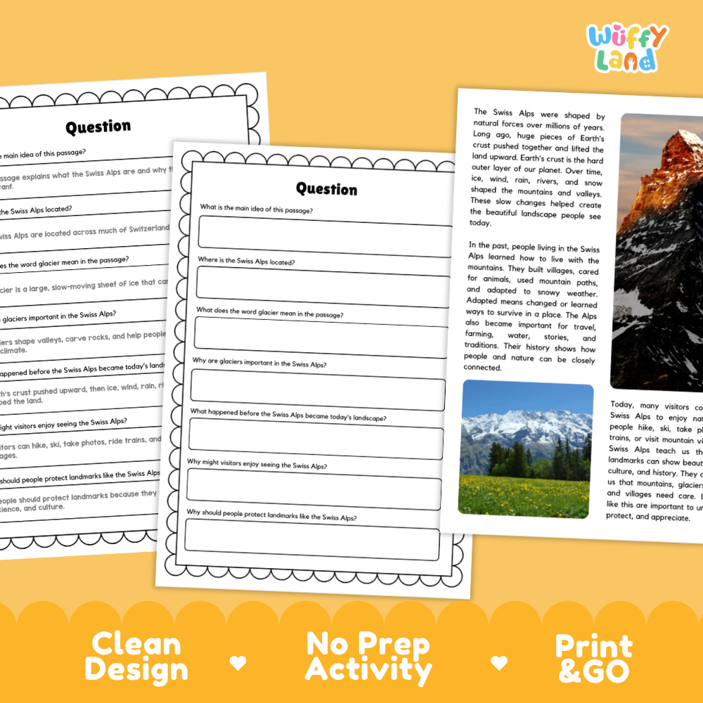 Educational worksheet and activity sheet set for the Santa Alps landscape, featuring a main text page, a question worksheet, and an outdoor photography print, presented on a white background with a yellow 'Wiffly Land' logo and a blue 'Print & Go' banner at the bottom.