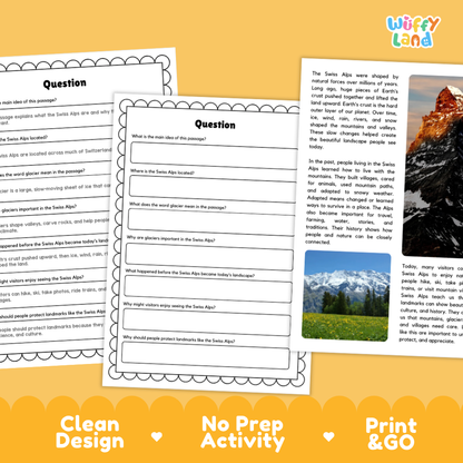 Educational worksheet and activity sheet set for the Santa Alps landscape, featuring a main text page, a question worksheet, and an outdoor photography print, presented on a white background with a yellow 'Wiffly Land' logo and a blue 'Print & Go' banner at the bottom.