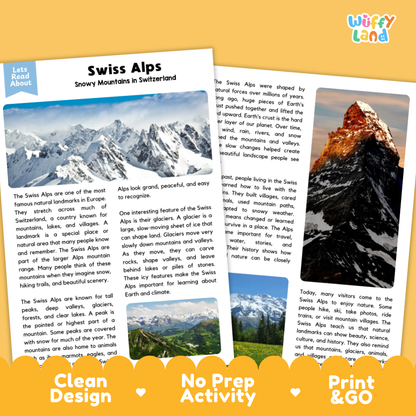 Two printed educational activity sheets about the Swiss Alps, shown overlapping on a white background with a blue 'Wuffly Land' logo at the top. The left sheet has a landscape photo and text about snowy mountains in Switzerland.