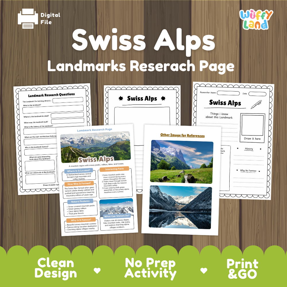 Digital preview of a 'Swiss Alps Landmarks Research Page' activity sheet set by Wiffy Land, displayed on a brown wood-grain background with a green banner at the bottom highlighting key features.