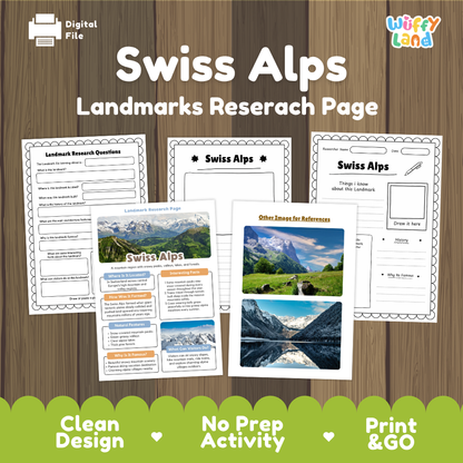 Digital preview of a 'Swiss Alps Landmarks Research Page' activity sheet set by Wiffy Land, displayed on a brown wood-grain background with a green banner at the bottom highlighting key features.