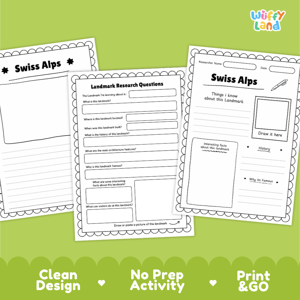 Three printable worksheet pages for Swiss Alps research displayed on a light green background with marketing text at the bottom. The pages include headings like 'Swiss Alps' and 'Landmark Research Questions' with writing areas and a drawing box.