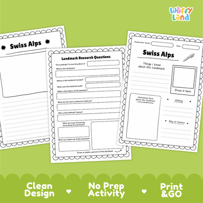 Three printable worksheet pages for Swiss Alps research displayed on a light green background with marketing text at the bottom. The pages include headings like 'Swiss Alps' and 'Landmark Research Questions' with writing areas and a drawing box.