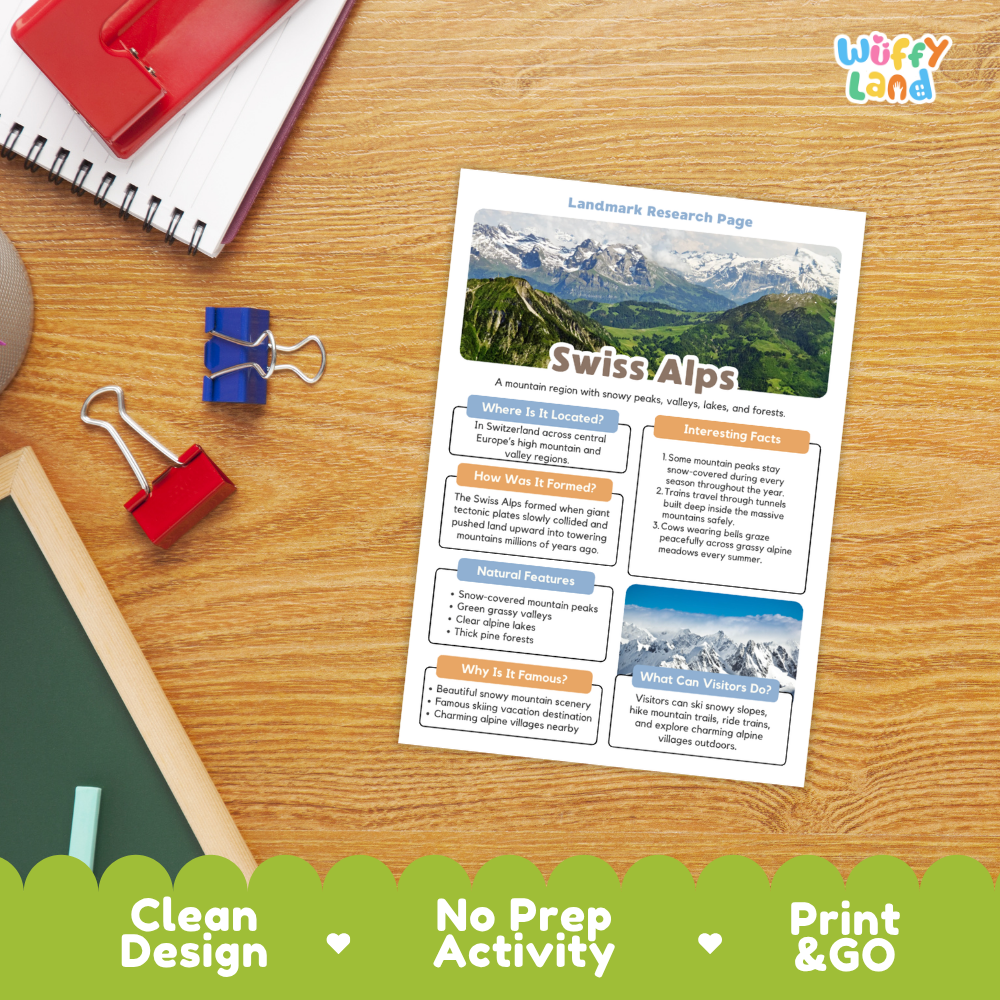 A printed worksheet titled 'Swiss Alps' laid on a wooden desk, surrounded by school supplies including a spiral notebook, binder clips, and a chalkboard. The worksheet has a colorful header, text sections, and mountain photos.
