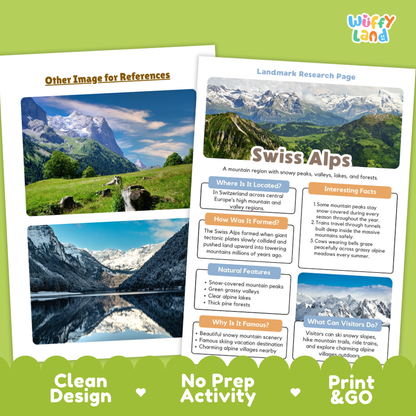 Two educational activity sheets for a 'Swiss Alps Landmark Research Page' activity, displayed on a light green background with a green header. The sheets feature scenic mountain photos and text boxes.