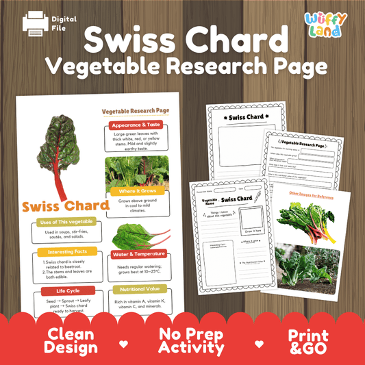 Student vegetable research page writing worksheets with real colorful Swiss chard stalk photos, lined note-taking prompts, and drawing frames