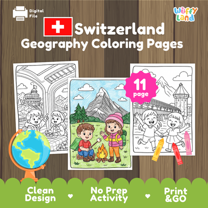 Swiss Alps coloring pages paired with photo flashcards of Jungfraujoch, Zermatt Village, Geneva City, and Raclette