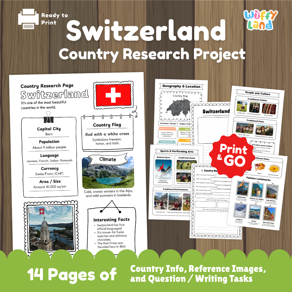 Student country research worksheet on Switzerland featuring red and white cross flag, Bern capital facts, climate, and geography map
