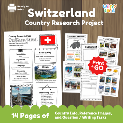 Student country research worksheet on Switzerland featuring red and white cross flag, Bern capital facts, climate, and geography map