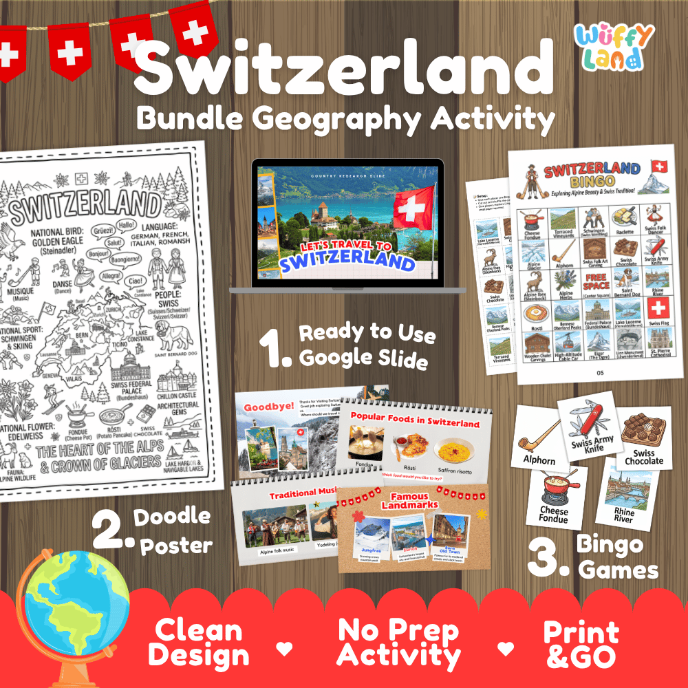 Complete Switzerland geography activity bundle featuring Google Slides, doodle coloring poster, and classroom bingo games 🇨🇭🎒