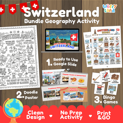 Complete Switzerland geography activity bundle featuring Google Slides, doodle coloring poster, and classroom bingo games 🇨🇭🎒