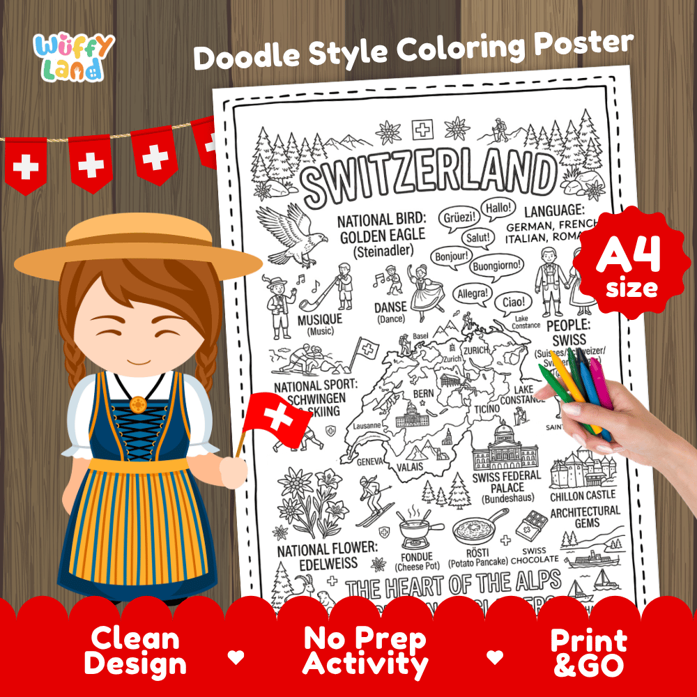 Switzerland country study doodle style coloring poster printable page featuring map, landmarks, and cultural symbols
