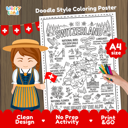 Switzerland country study doodle style coloring poster printable page featuring map, landmarks, and cultural symbols