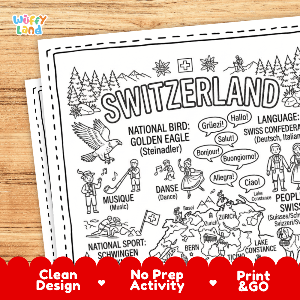 Cultural coloring page featuring traditional Swiss Alpine attire, Alphorn music, folk dance, Swiss chocolate, and multilingual greetings