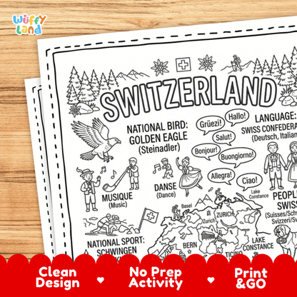 Cultural coloring page featuring traditional Swiss Alpine attire, Alphorn music, folk dance, Swiss chocolate, and multilingual greetings