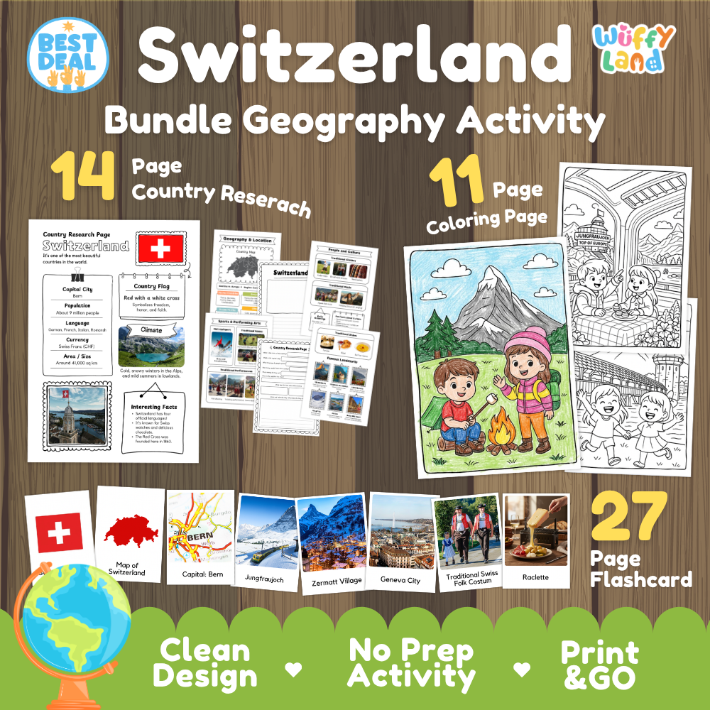 Switzerland geography activity bundle cover showing 14 country research pages, 11 coloring pages, and 27 photo flashcards