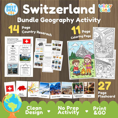 Switzerland geography activity bundle cover showing 14 country research pages, 11 coloring pages, and 27 photo flashcards