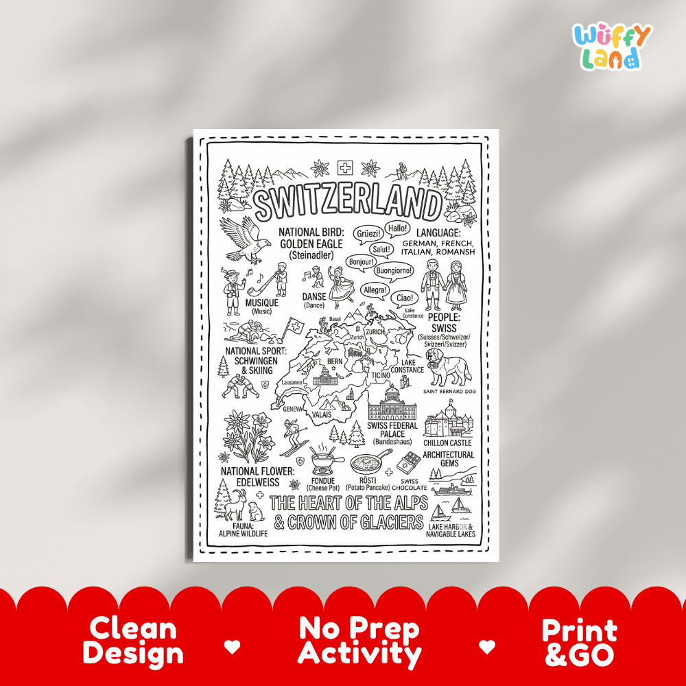 Educational activity coloring page highlighting Switzerland's national bird Golden Eagle, Edelweiss flower, skiing, and fondue
