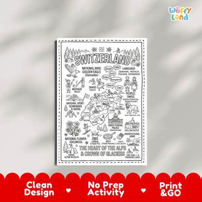 Educational activity coloring page highlighting Switzerland's national bird Golden Eagle, Edelweiss flower, skiing, and fondue