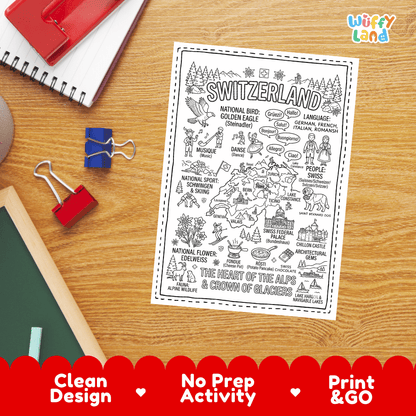 Doodle map coloring sheet showing Switzerland, Swiss Federal Palace Bundeshaus, Chillon Castle, Bern, Zurich, and Alps