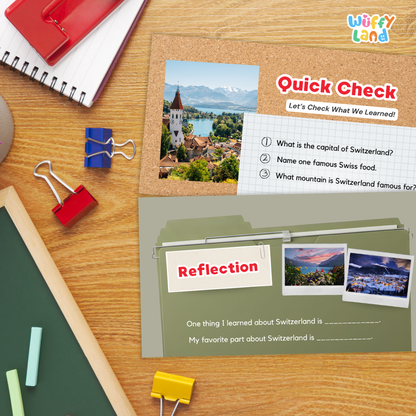 Swiss-themed educational worksheet and reflection card set from 'Wiffy Land' displayed on a wooden desk with school supplies.