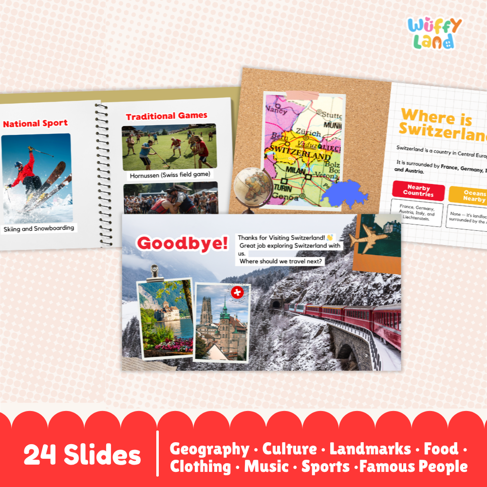 A product presentation of a Swiss-themed educational slide deck by Wuffy Land, featuring 24 slides on geography, culture, and landmarks. The slides are displayed on a light pink patterned background with a red banner at the bottom highlighting the features.