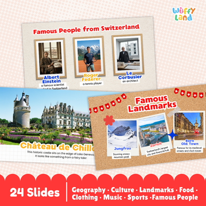 A product preview graphic for a children's educational slide set titled 'Famous Landmarks' and 'Famous People from Switzerland' by the brand 'Wuffiy land'. The graphic shows two sample slide layouts with photos of Château de Chillon, Jungfrau, Bern Old Town, and Albert Einstein, along with text indicating '24 Slides' and categories like Geography, Culture, Landmarks, Food, Clothing, Music, Sports, and Famous People.