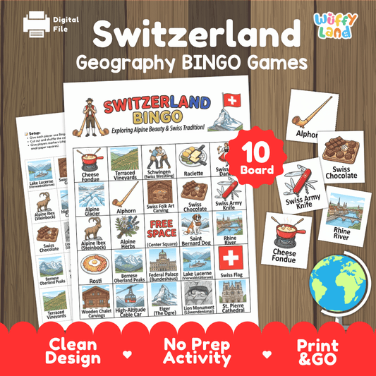 Classroom educational Bingo game cards featuring Alphorn, Swiss Army Knife, Cheese Fondue, and Swiss Chocolate 🎲🍫