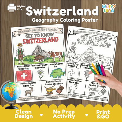 Switzerland Geography Coloring Poster and Fact Sheet Printables
