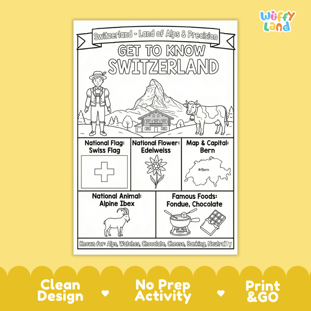 Switzerland Geography Coloring Poster and Fact Sheet Printables