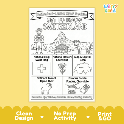 Switzerland Geography Coloring Poster and Fact Sheet Printables