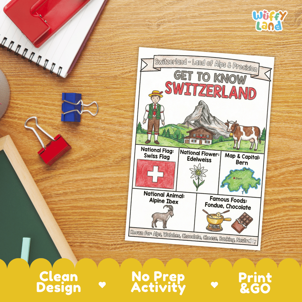 Switzerland Geography Coloring Poster and Fact Sheet Printables