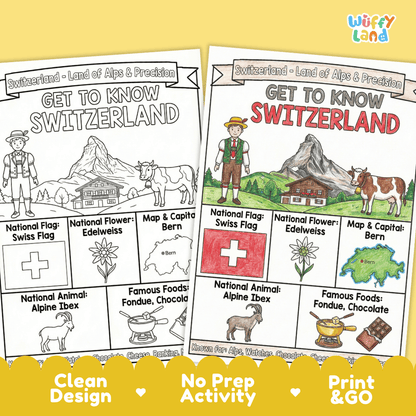 Switzerland Geography Coloring Poster and Fact Sheet Printables