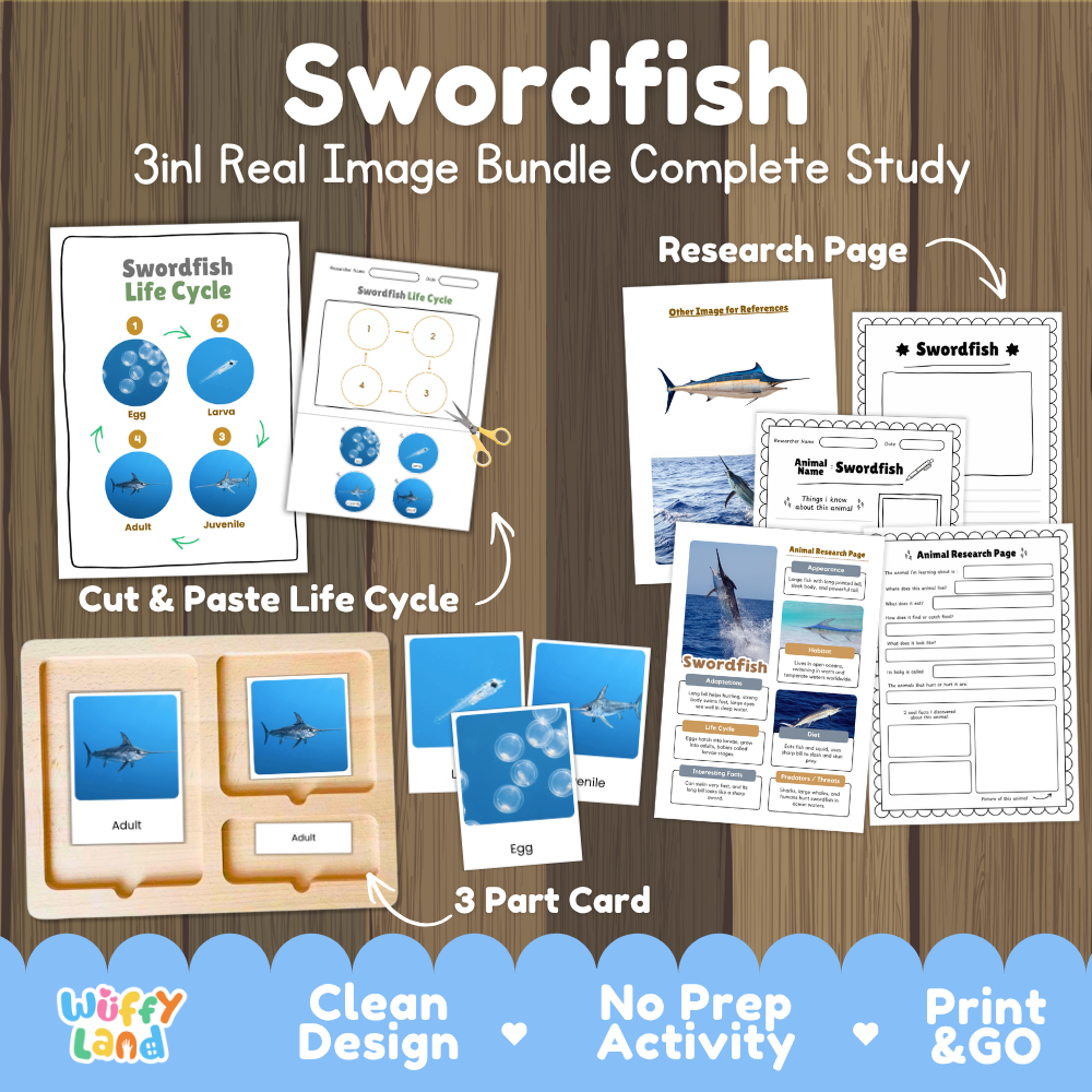 Swordfish 3-in-1 real image bundle complete study cover showing cut and paste life cycle, 3 part cards, and research pages