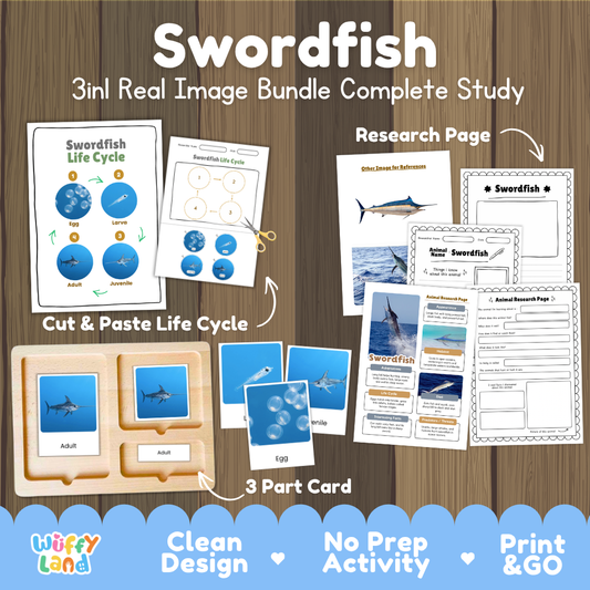 Swordfish 3-in-1 real image bundle complete study cover showing cut and paste life cycle, 3 part cards, and research pages