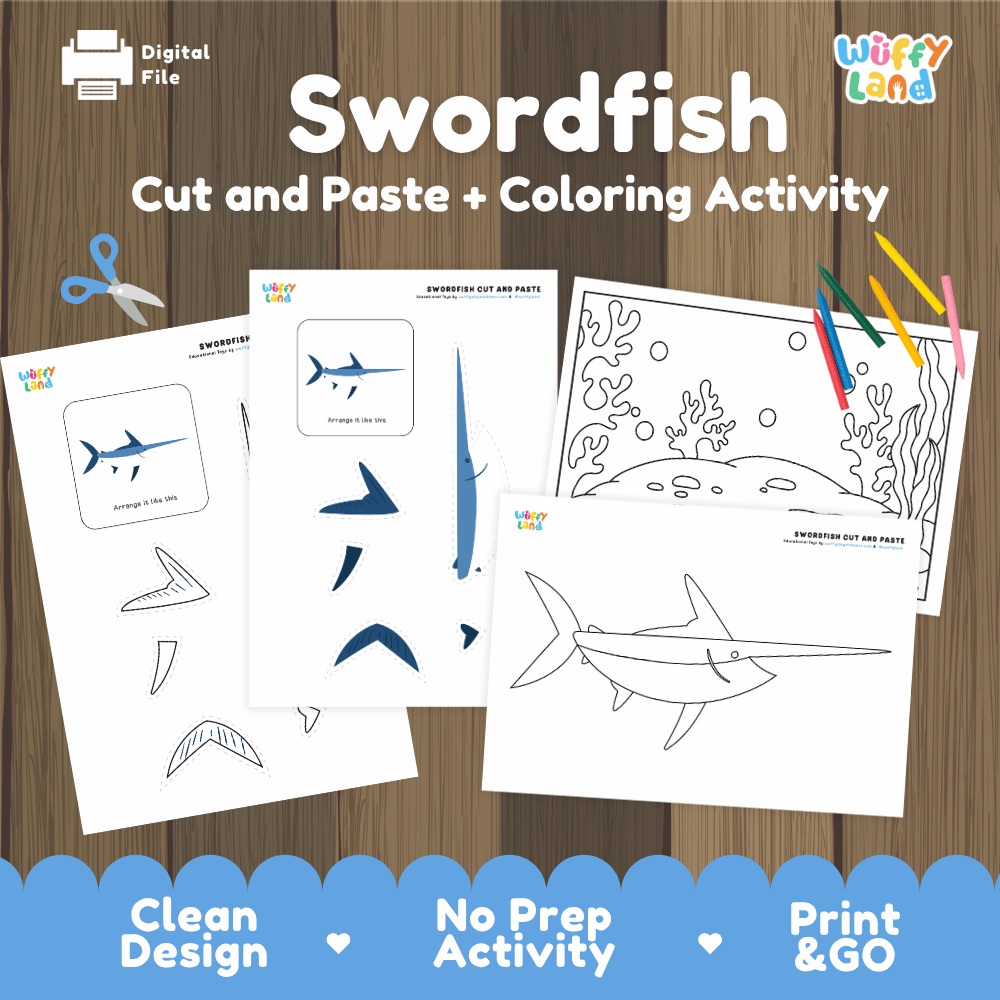 Swordfish Cut and Paste Craft and Coloring Activity Worksheets