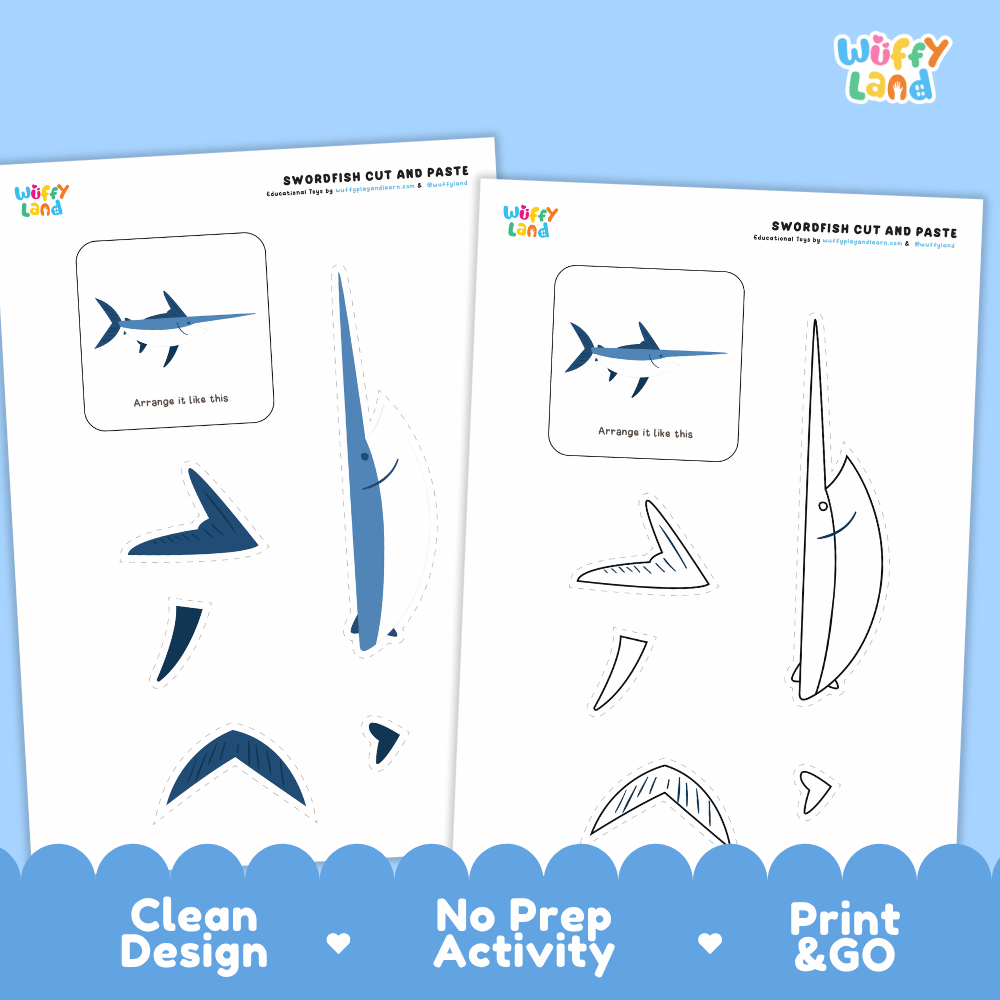 Swordfish Cut and Paste Craft and Coloring Activity Worksheets