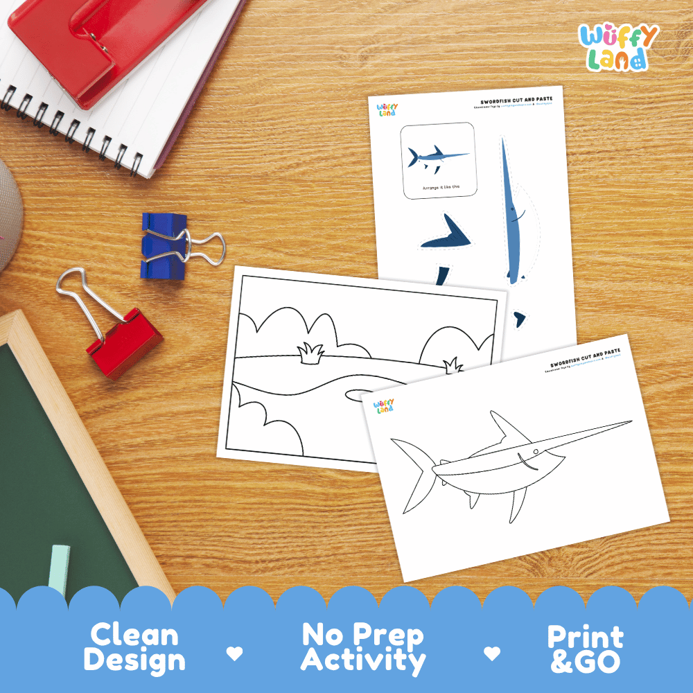 Swordfish Cut and Paste Craft and Coloring Activity Worksheets