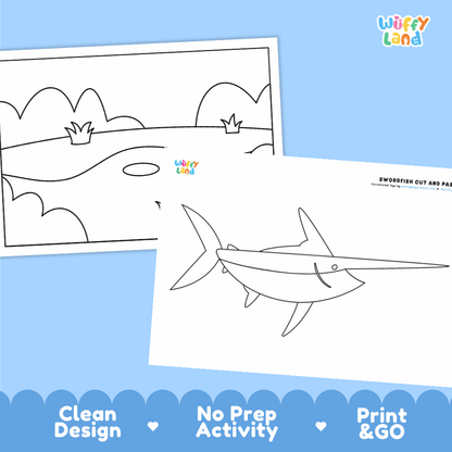 Swordfish Cut and Paste Craft and Coloring Activity Worksheets