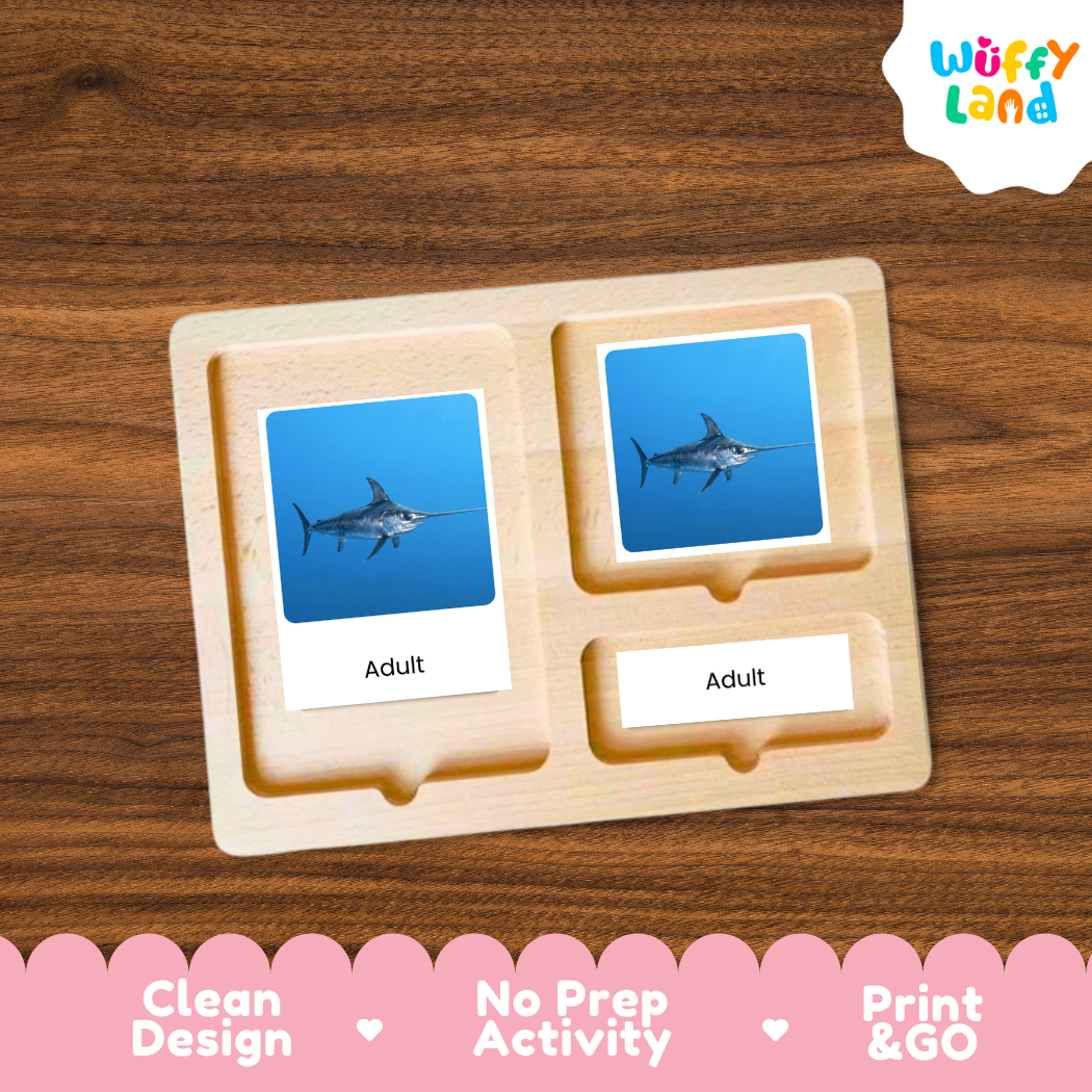 A wooden Montessori-style activity board with two labeled slots reading 'Adult' and two blue photo cards showing a marlin, placed on a brown wood-grain surface. A 'Wuffy Land' logo appears in the top right, and a pink banner at the bottom lists product benefits: 'Clean Design,' 'No Prep Activity,' and 'Print & GO.