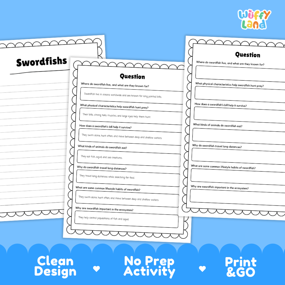 Three printable worksheet pages for a fish-themed educational activity are shown on a blue background. The pages include text boxes and questions about swordfish, with the title 'Swordfishes' on the left page and 'Question' headers on the center and right pages.