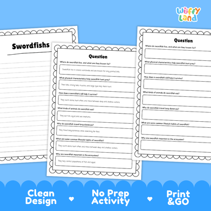 Three printable worksheet pages for a fish-themed educational activity are shown on a blue background. The pages include text boxes and questions about swordfish, with the title 'Swordfishes' on the left page and 'Question' headers on the center and right pages.