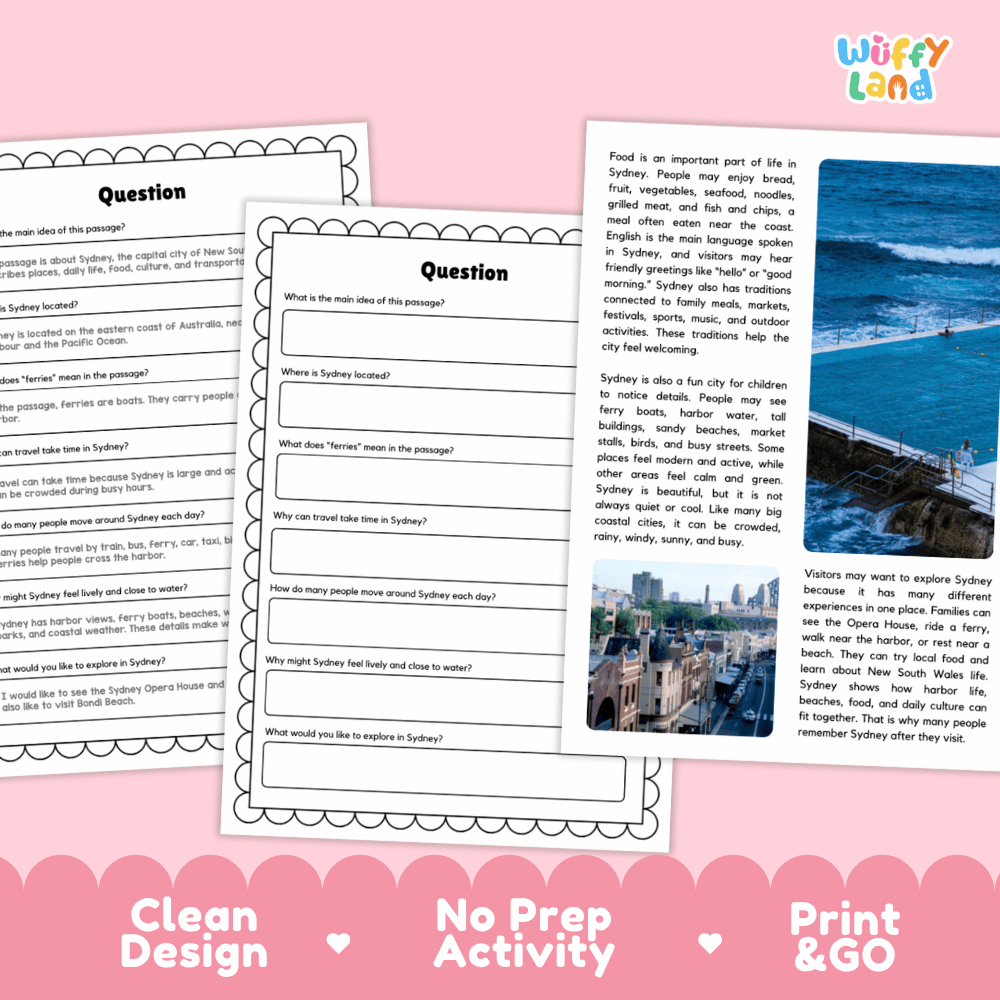 Student reading passage titled A City by the Harbor detailing Sydney Australia Sydney Opera House Sydney Harbour Bridge ferries Bondi Beach and coastal photography